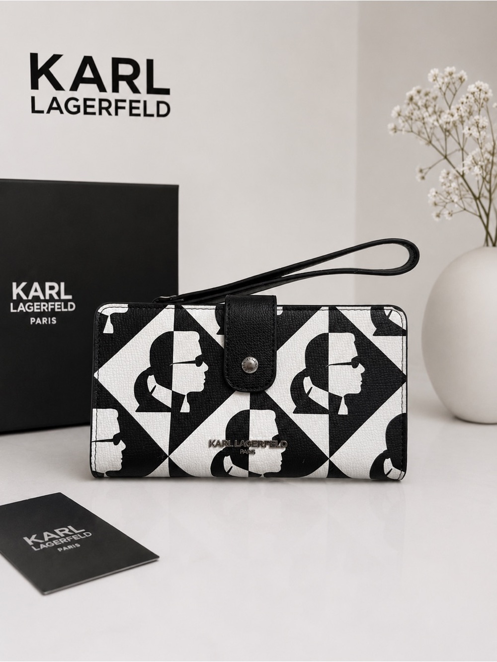 Karl Lagerfeld Black Leather Wristlet Wallet with Silver Hardware